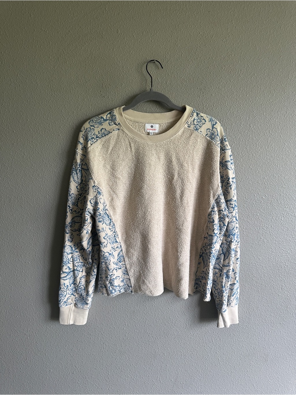 Sundry Cotton Cream Crewneck with Blue Floral Panels 2